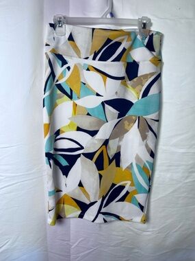 JEM Abstract Leaf-Print Pencil Skirt in White, Teal, Navy, Mustard, and Taupe